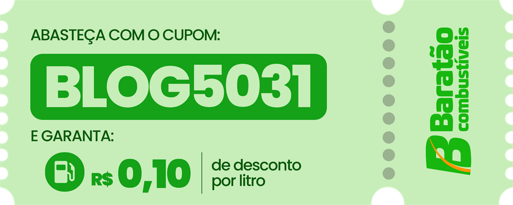 Cupom BLOG5031: abasteça com o cupom e garanta R$ 0,10 de desconto por litro no aplicativo Baratão Combustíveis