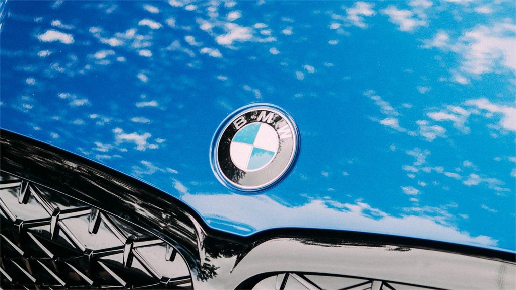 Capô de um BMW escuro com o emblema da marca, visto de perto