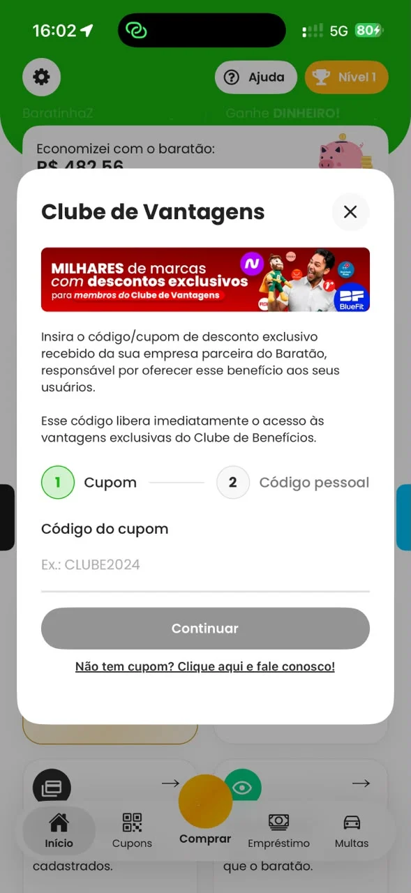 Tela do app Baratão para informar o código do Clube de Vantagens