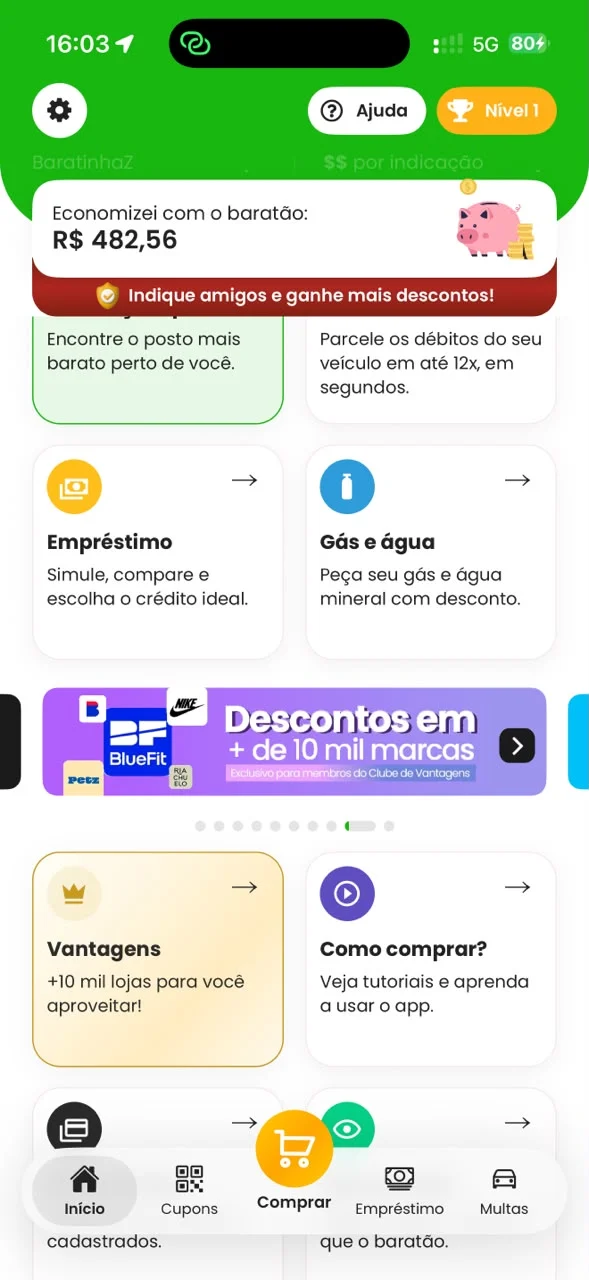 Tela Início do app Baratão, com o card Vantagens em destaque