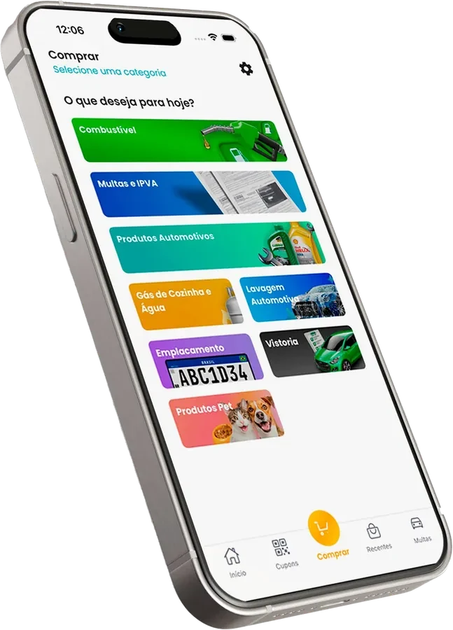 Tela Comprar do app Baratão com as categorias: combustível, multas e IPVA, produtos automotivos, gás de cozinha e água, lavagem automotiva, emplacamento, vistoria e produtos pet