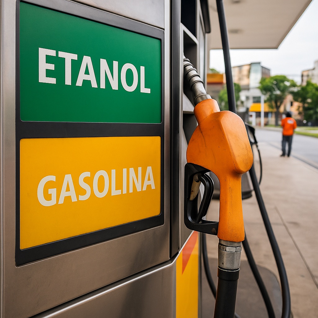 Bomba de combustível em posto brasileiro mostrando opções de etanol e gasolina; iniciativa do governo aumenta a mistura de etanol na gasolina para 30% visando amenizar a crise do petróleo.