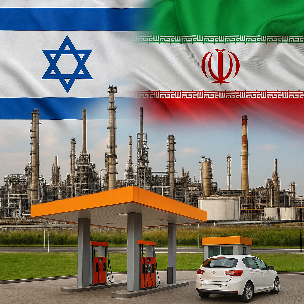 Imagem com bandeiras de Israel e Irã sobrepostas a uma refinaria de petróleo ao fundo e um posto de gasolina moderno em primeiro plano, representando o impacto geopolítico da crise Irã-Israel no preço dos combustíveis no mundo.